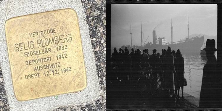 Bildet viser deportasjon av norske jøder i 1942, og en minnestein for ett av ofrene. Foto: FN-sambandet (t.v.); Georg W. Fossum/Nasjonalbiblioteket.